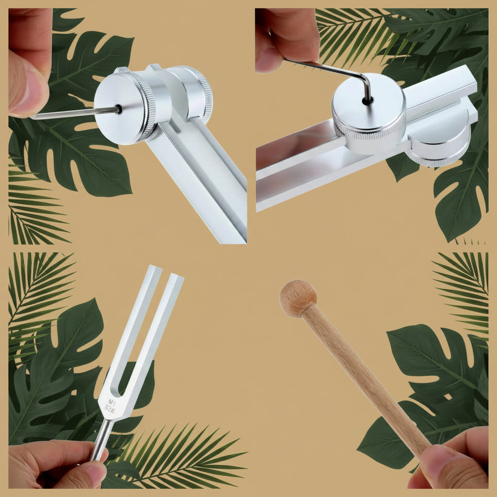 Tuning fork with a wooden mallet held by a hand 
