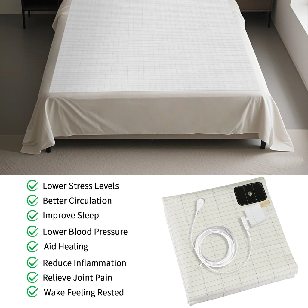 Bed with a white fitted sheet and an inset showing a medical device on a grid background.