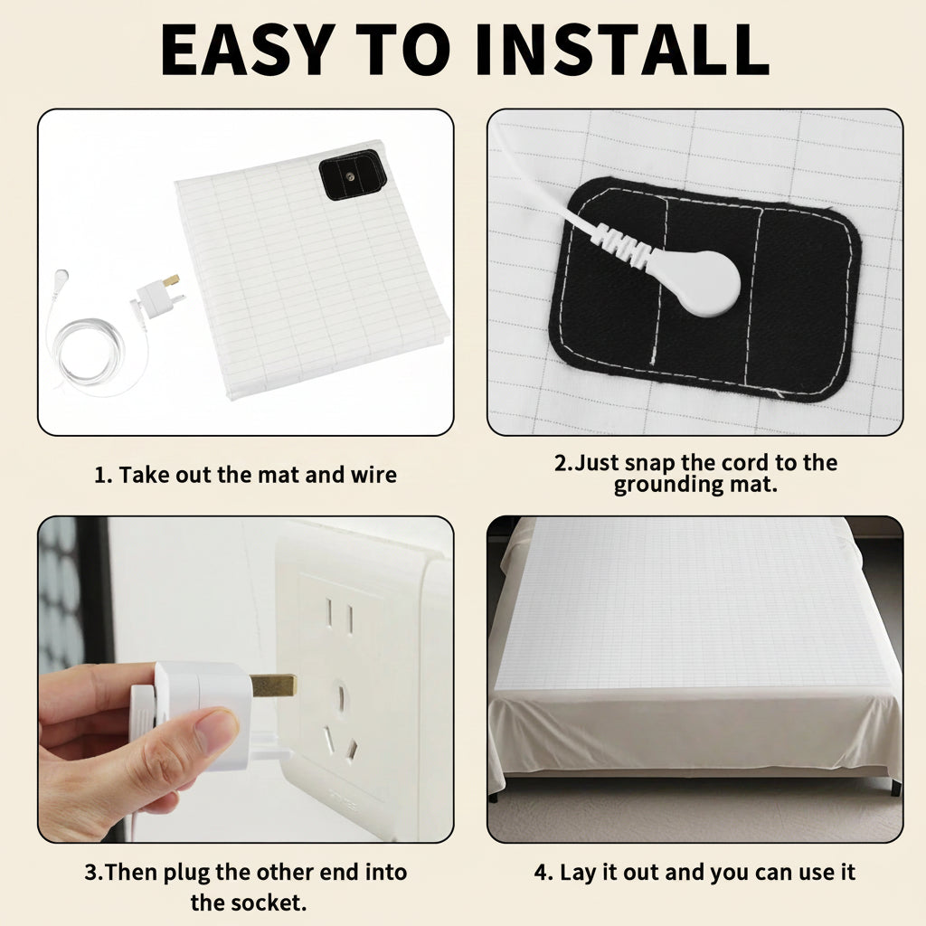 Step-by-step guide on how to install a grounding mat with text 'Easy to Install'.