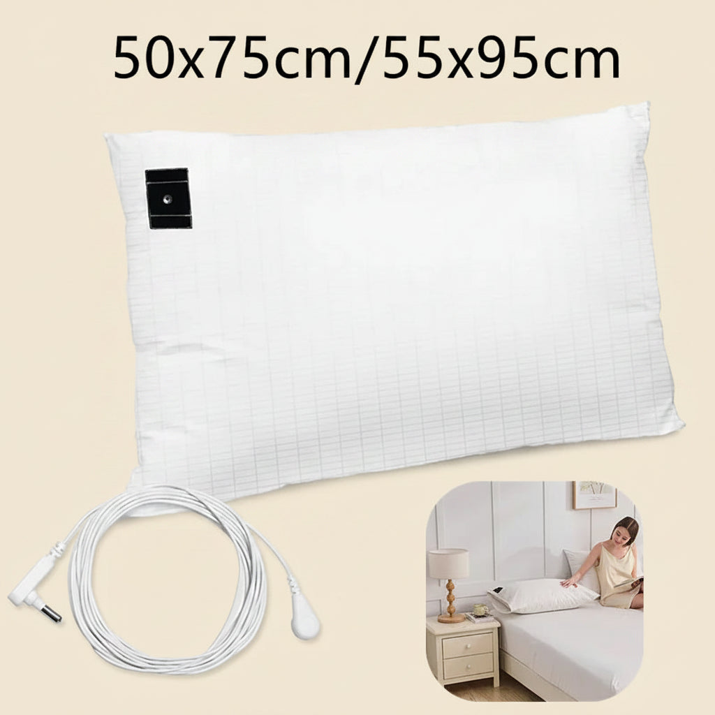 White electric heating pad with cable and power plug, shown with dimensions 50x75cm/55x95cm.