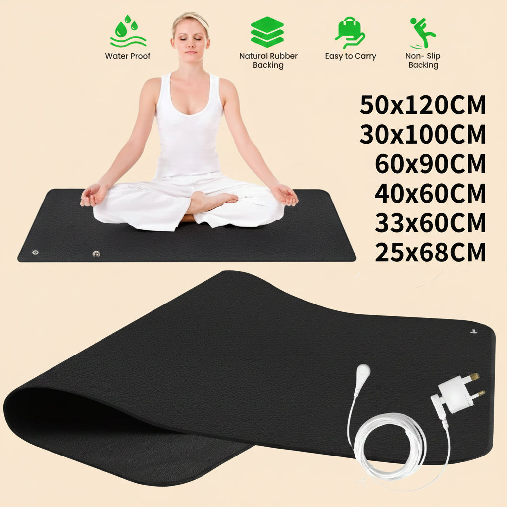 Yoga mat with a woman sitting on it, showing different sizes and features.